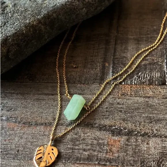 NEW Free People x Luna Norte Green Aventurine & Leaf Layer Necklace - Picture 3 of 15